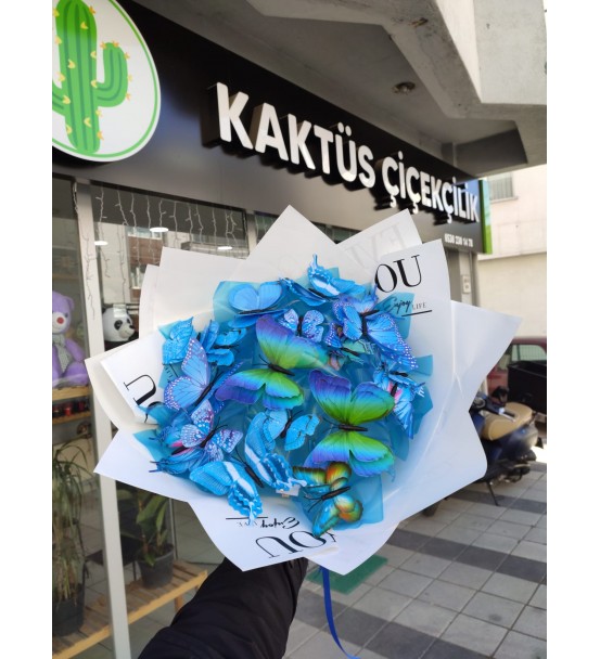 3D Işıklı Kelebek Buketi Mavi